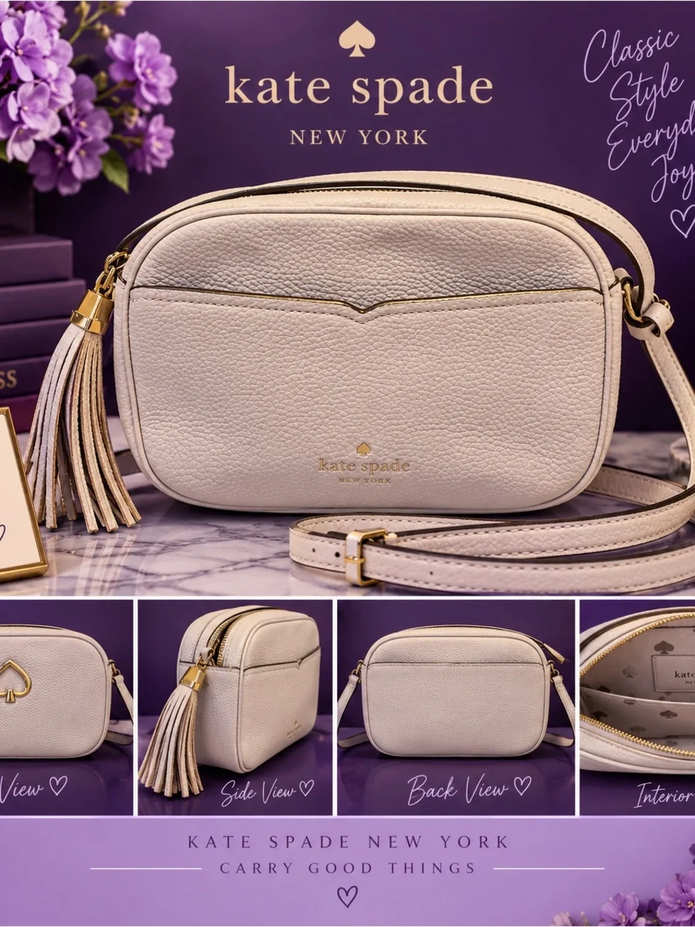Kate Spade New York Ivory Pebbled Leather Camera Crossbody Bag Tassel Gold Spade
